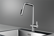 KS-7273, СТАЛЬ САТИН, Смеситель кухонный с выдвижным изливом с переключением на душ и фильтром,сталь