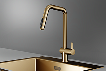 KS-7273, ЗОЛОТО САТИН, Смеситель кухонный с выдвижным изливом с переключением на душ и фильтром,стал